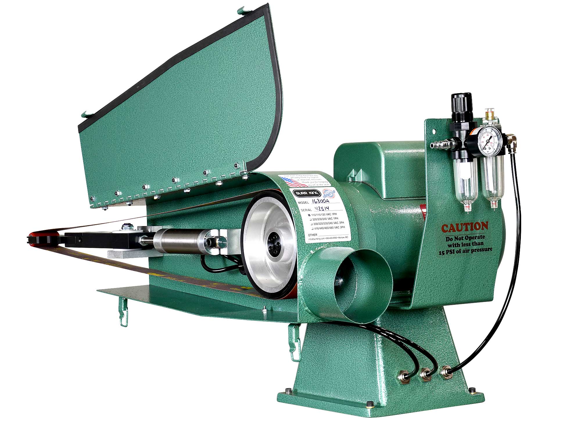 16300A -  Air tension fixed speed M720 probe grinder features a simplified tension system that allows users to easily regulate belt tension 